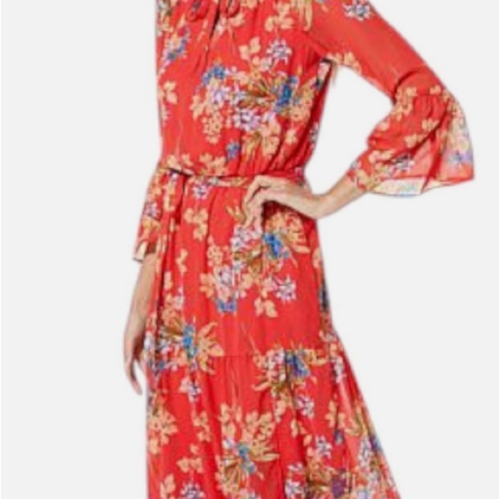 Curations X Sarah Anderson Red Floral Cap Sleeve Ruffle V Neck Blouse Large - Picture 2 of 3